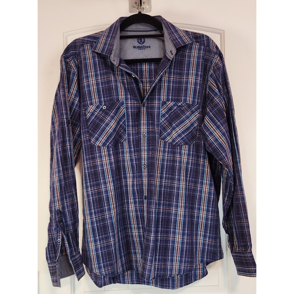 Bugatchi Flip Cuff Blue Plaid 100% Cotton Classic Fit Button Up Shirt